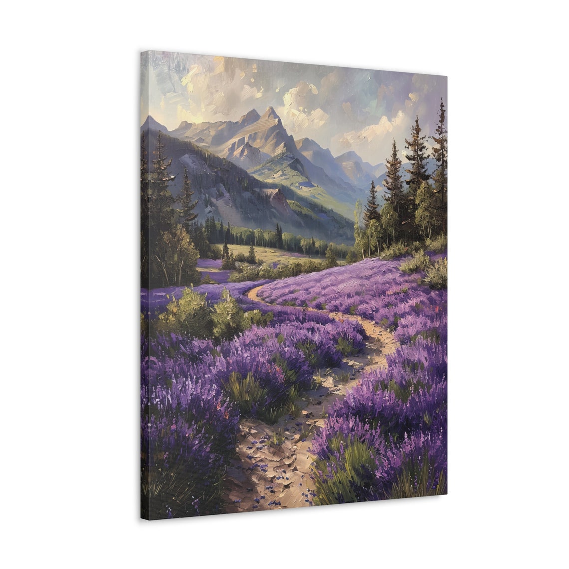 Lavender Meadow with Winding Path Pines and Jagged Peaks Poster - Image 4
