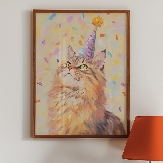 Fluffy Orange Cat Party Hat Confetti Birthday Nursery Kids Room Poster