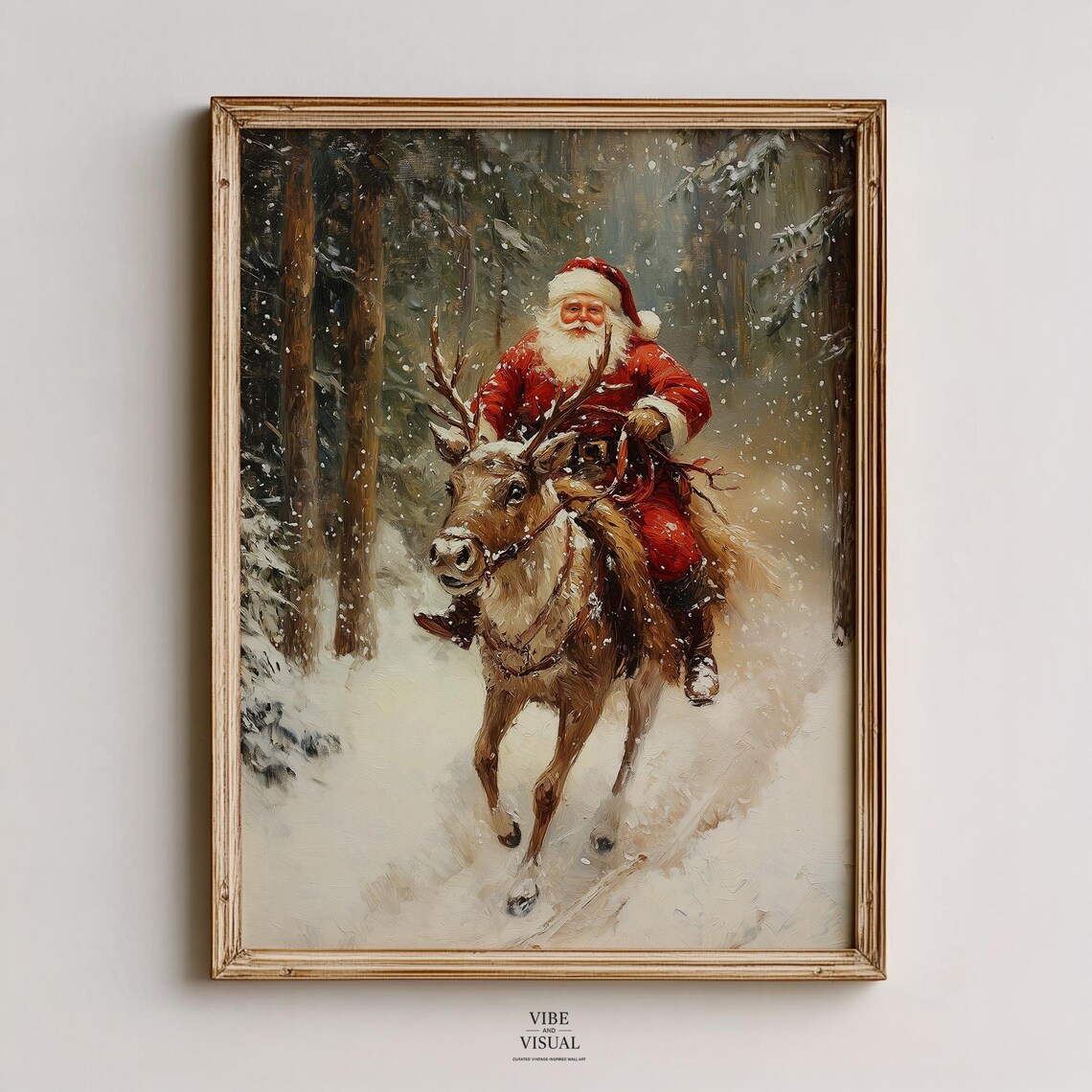 Santa Claus Riding Reindeer Through Snowy Forest Vintage Christmas Poster