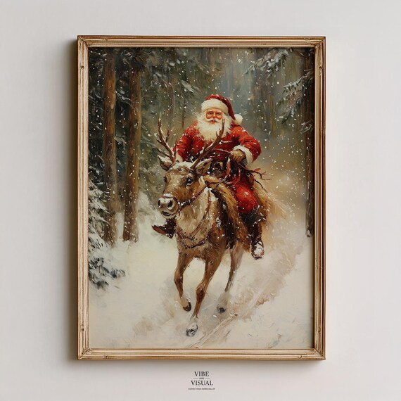 Santa Claus Riding Reindeer Through Snowy Forest Vintage Christmas Poster