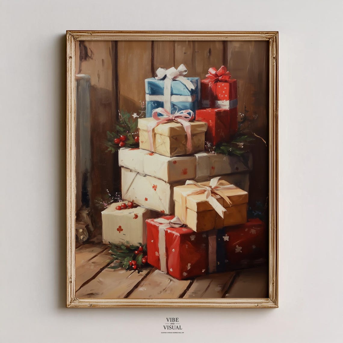Festive Christmas Gift Boxes Still Life Rustic Holiday Painting Poster