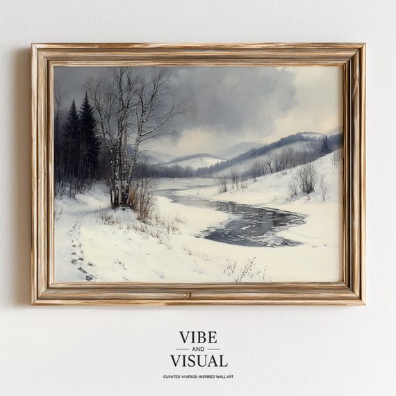 Moody Winter Landscape Art Icy River Through Snowy Valley Vintage Scene With Birches Serene Wall Decor 124