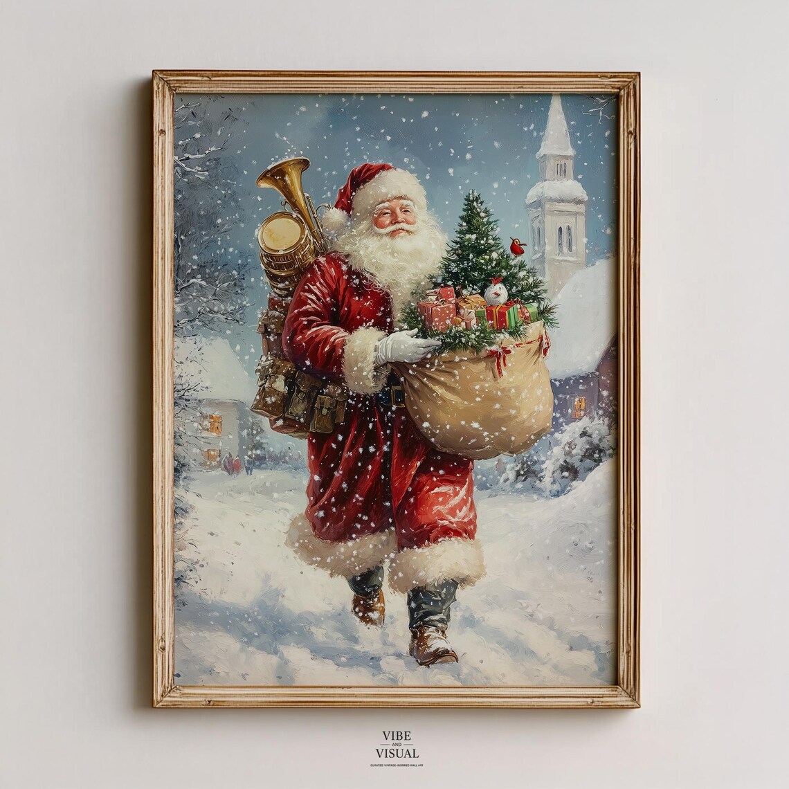 Santa Walking Through Snow Gift Sack Trumpet Vintage Christmas Poster