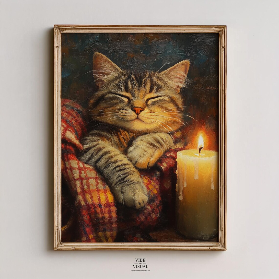 Sleeping Tabby Cat By Candlelight Cozy Rustic Vintage Oil Painting Poster