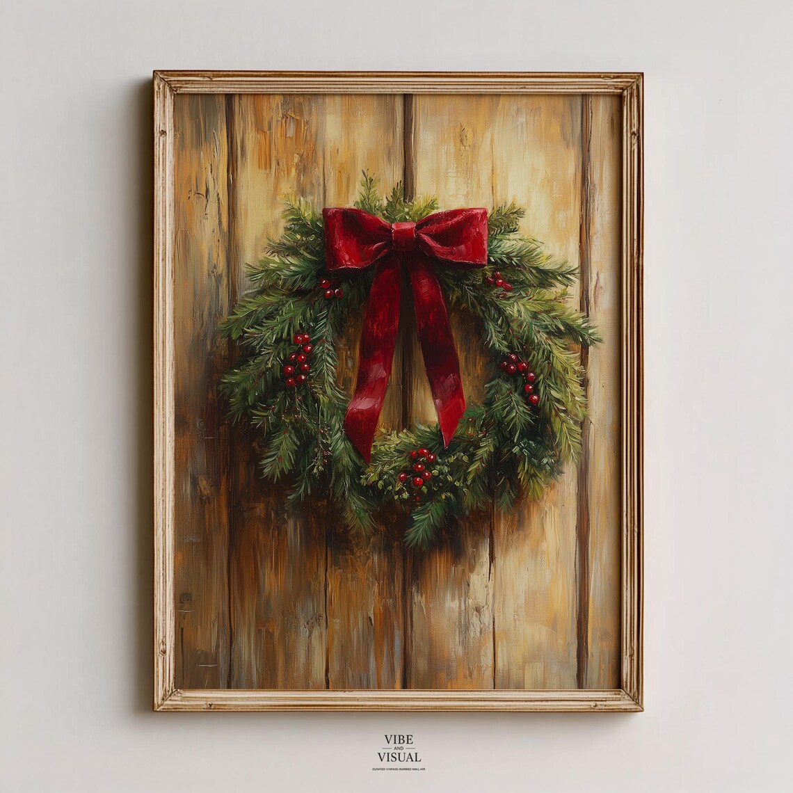 Rustic Pine Christmas Wreath With Red Velvet Bow Holiday Wall Art