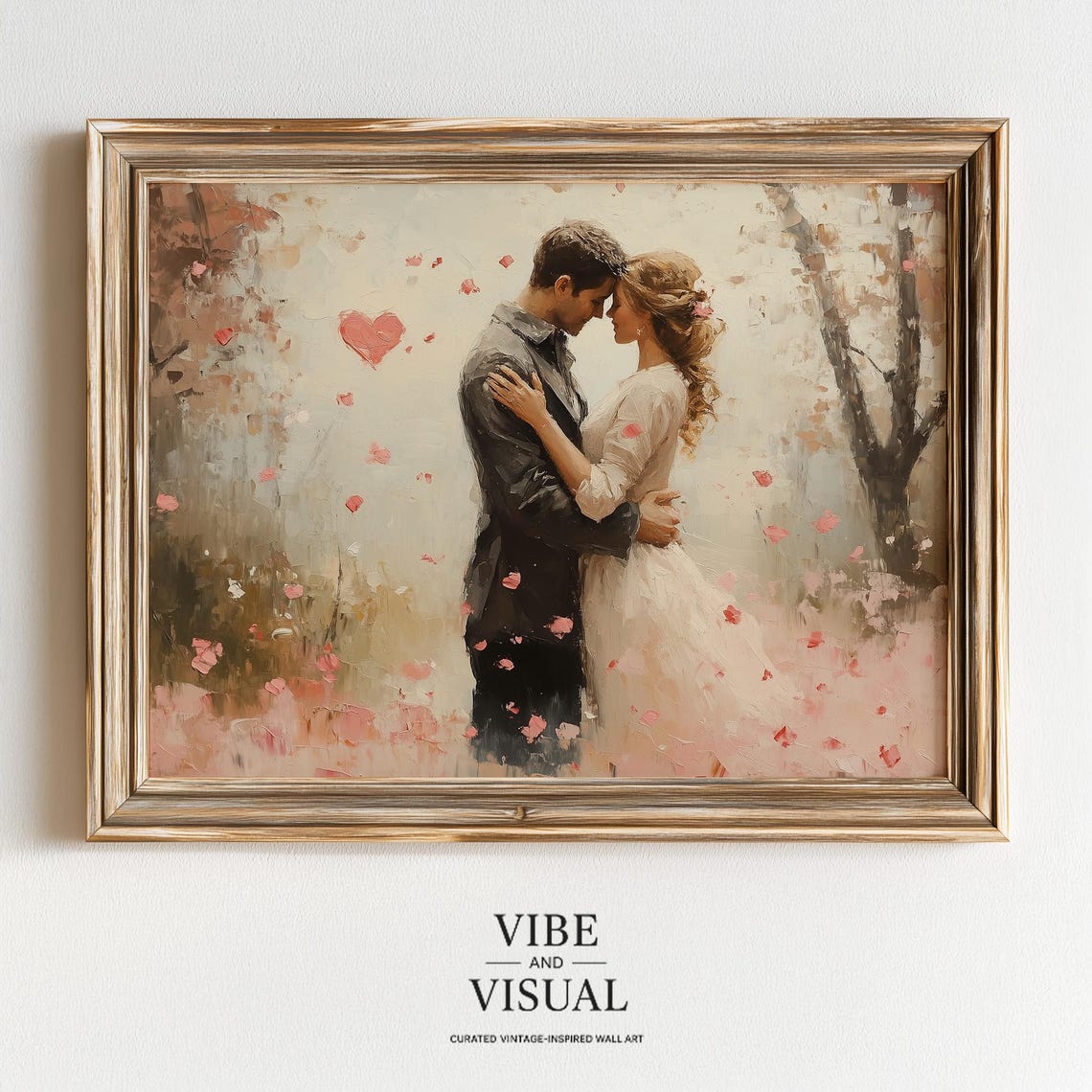 Romantic Couple Embrace Falling Hearts Soft Spring Art Poster