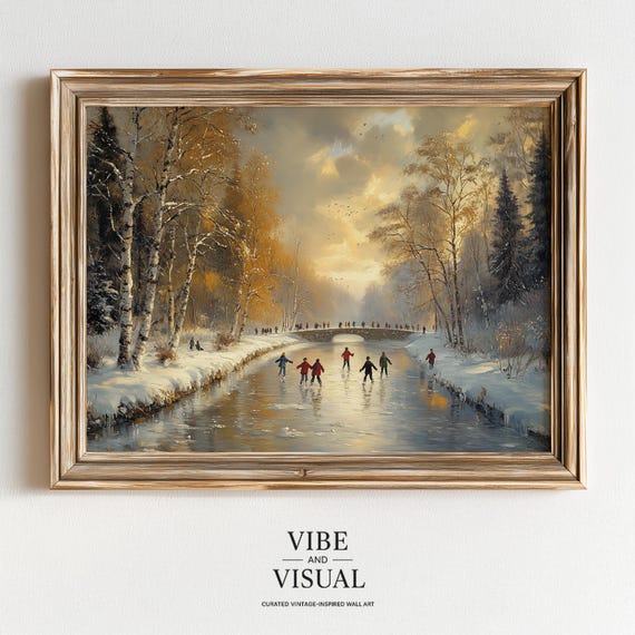 Cozy Vintage Ice Skating Scene Goldentinged Winter Landscape Art Frosty River Print Charming Wall Decor Instant 118