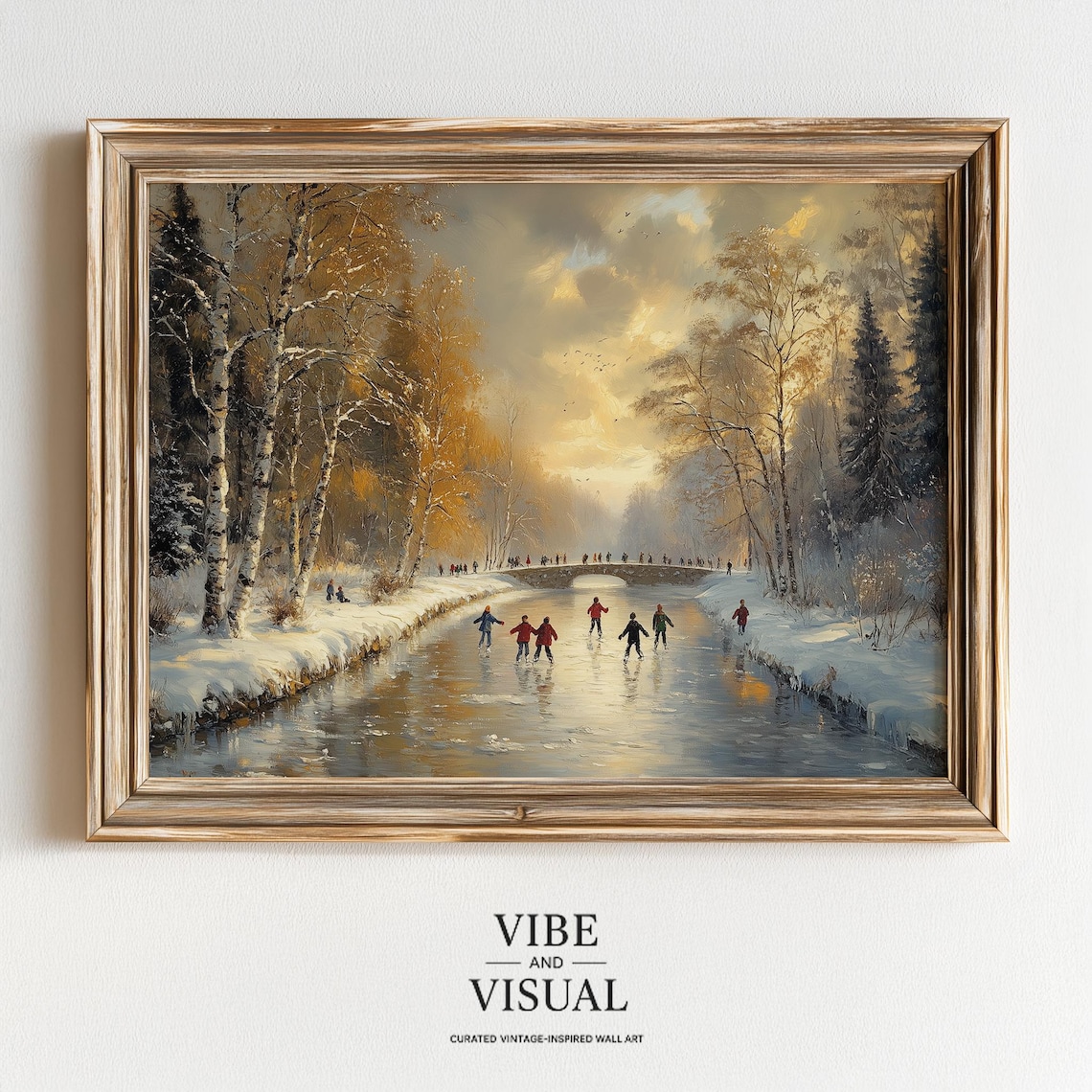 Vintage Ice Skating Frozen River Golden Light Winter Landscape Poster