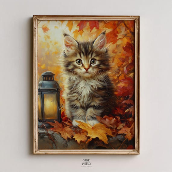 Maine Coon Kitten Autumn Leaves Lantern Cozy Fall Cute Cat Painting Poster