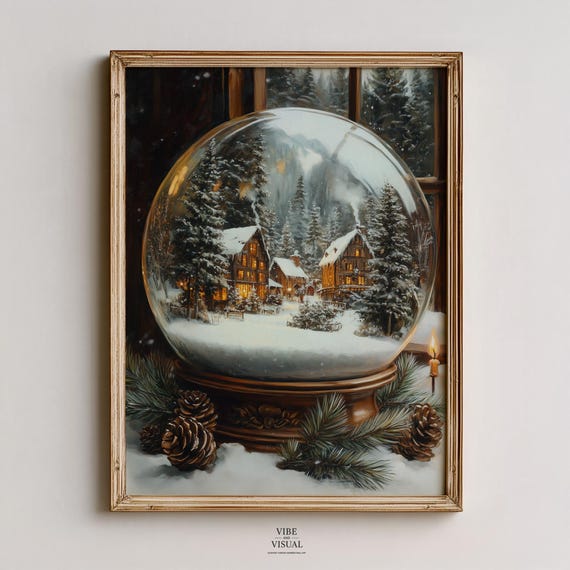 Winter Village Snow Globe Art Cozy Rustic Scene With Cabin Snowy Trees Festive Decor 132