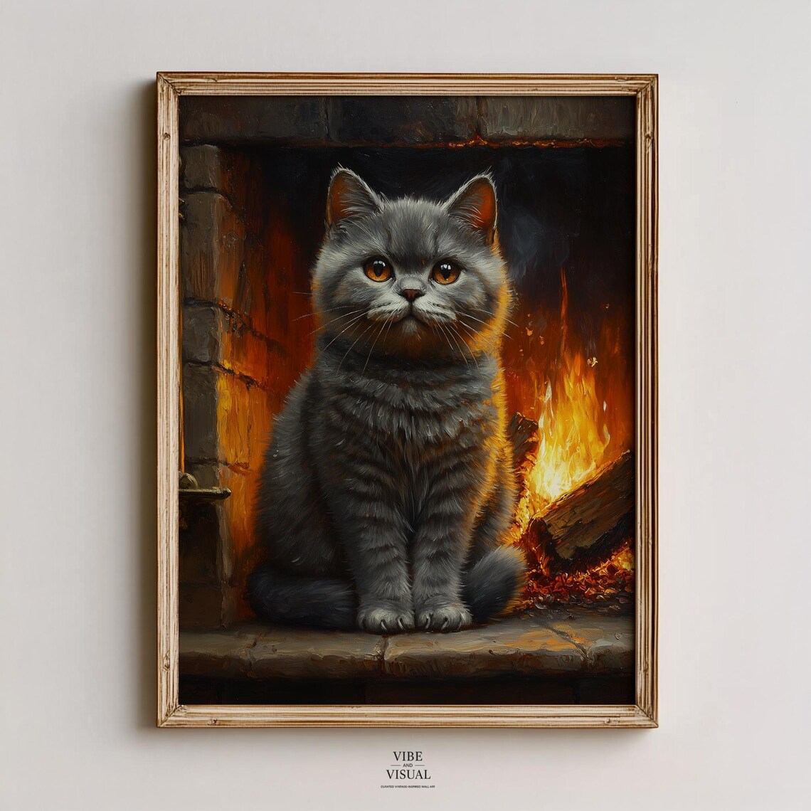 Gray Kitten Sitting by Fireplace Cozy Vintage Oil Painting Poster