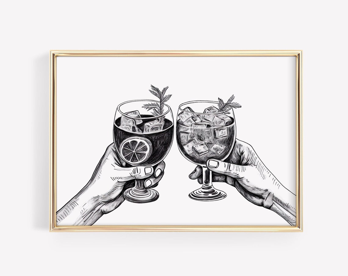 Two Hands Clinking Iced Cocktails Black White Sketch Cheers Poster