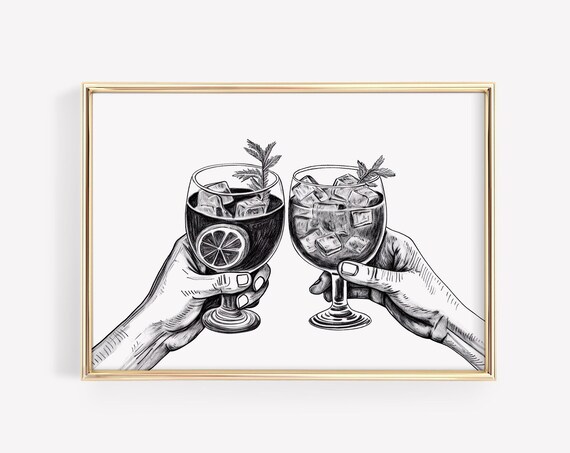Two Hands Clinking Iced Cocktails Black White Sketch Cheers Poster