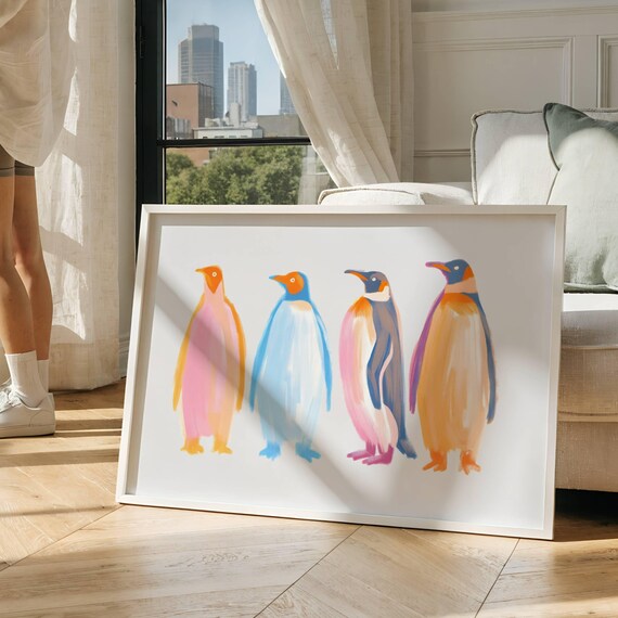 Four Cute Colorful Penguins Minimalist Modern Animal Art Print