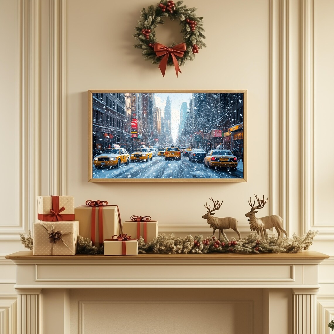 New York City Yellow Taxis Snowy Winter Street Scene Christmas Poster - Image 2