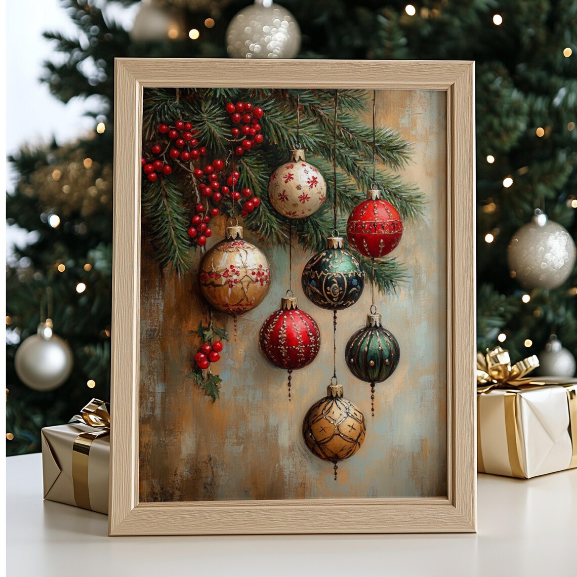 Vintage Christmas Ornaments Wall Art Print Featuring Mistletoe Holly Berries Rustic Moody Festive Christmas Wall Decor - Image 2