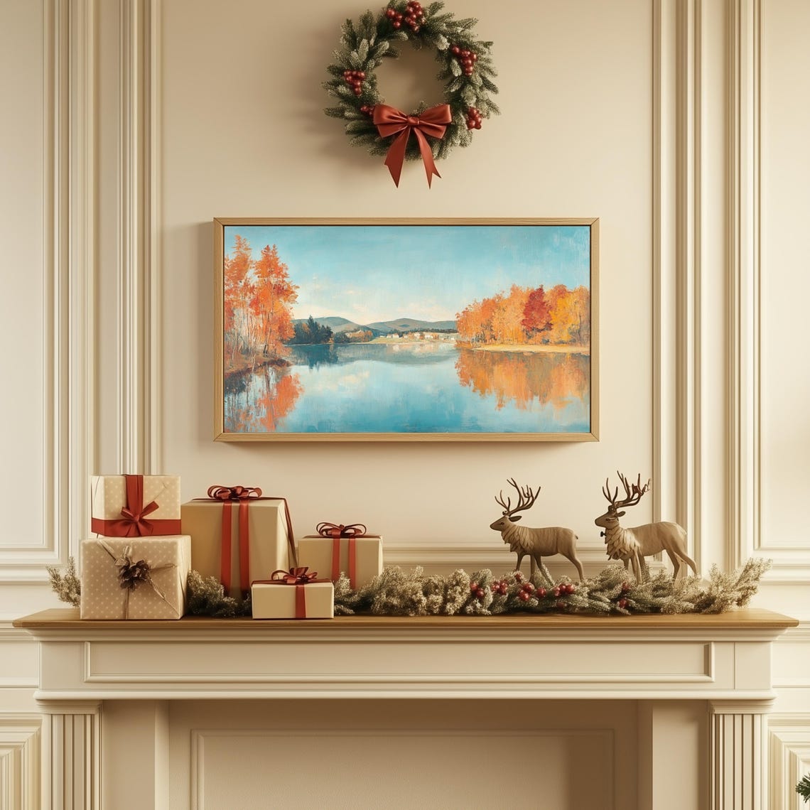 Autumn Lake Mirror Reflection Orange Trees Mountain View Art Print - Image 3