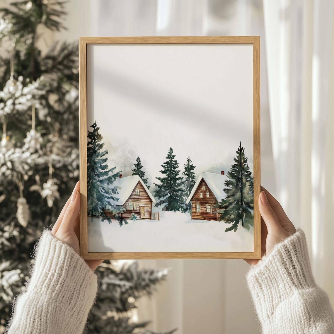 Snowy Wooden Cabins Tall Pines Minimalist Winter Watercolor Print - Image 3