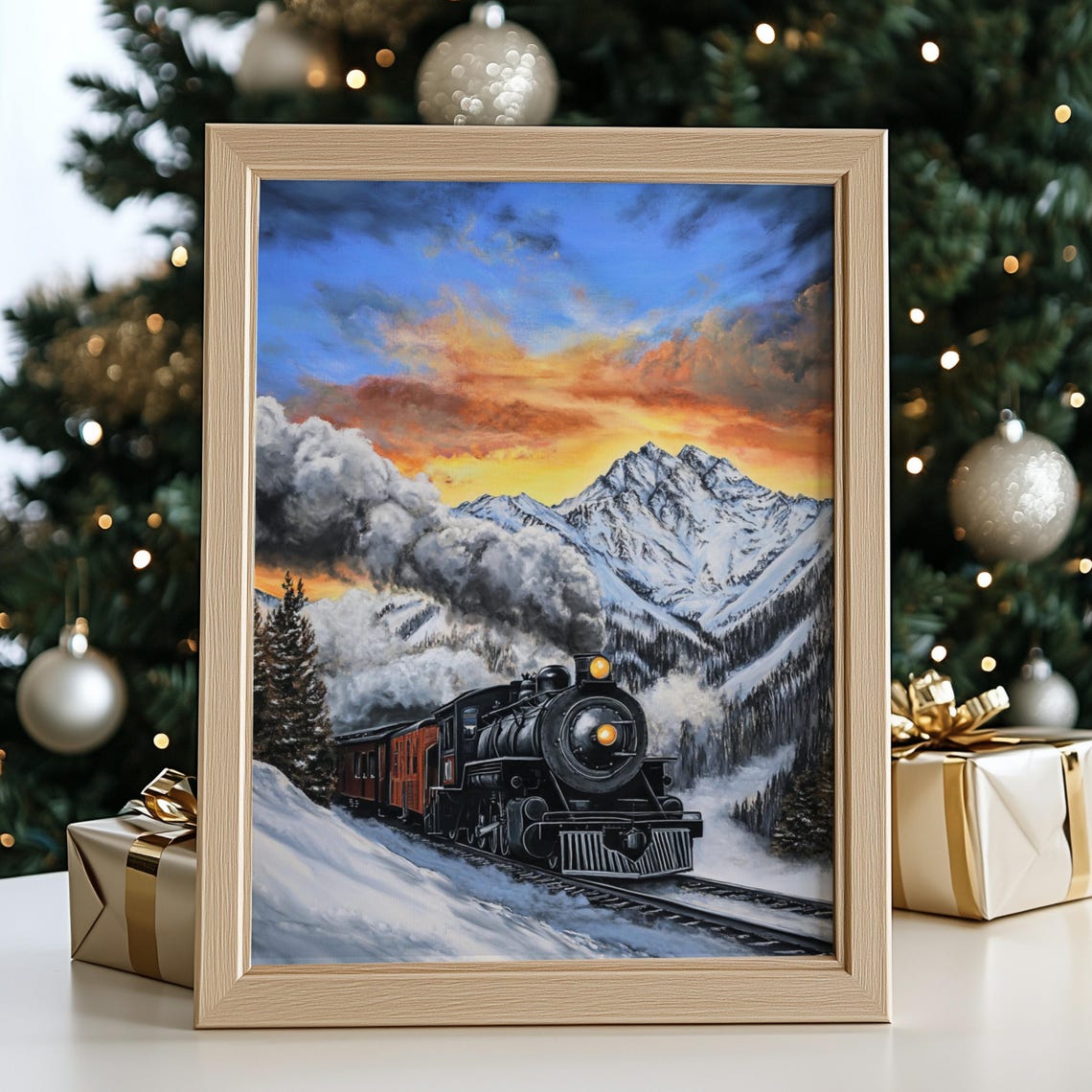 Steam Train Snowy Mountain Sunset Locomotive Winter Painting Art Print - Image 2
