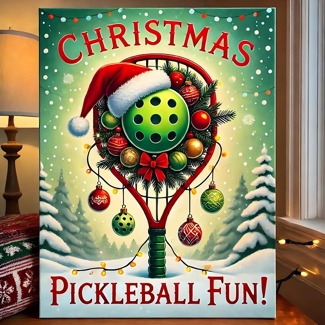 Christmas Pickleball Fun Santa Hat Racket Wreath Holiday Poster