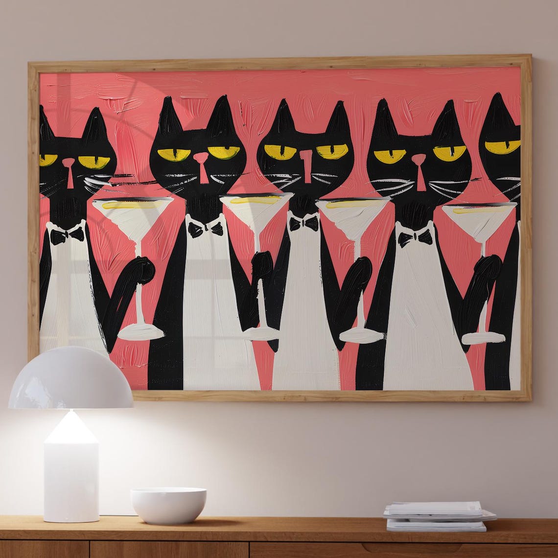 Tuxedo Cats in Bow Ties Holding Martinis Funny Cat Poster Art