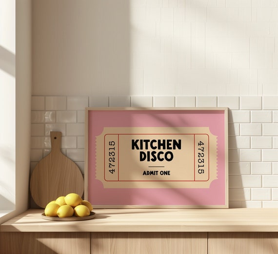 Kitchen Disco Print Wall Art Funny Decor Retro Ticket Graphic Pink Natural