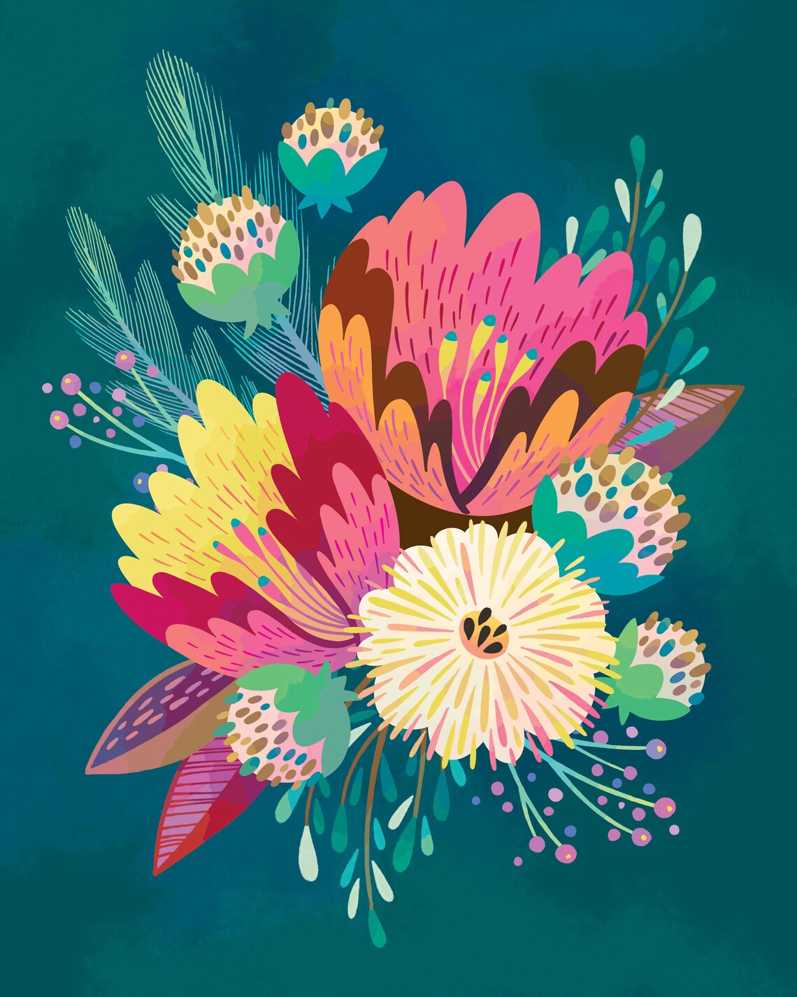 Teal Flower Art Print, Colorful Maximalist Floral - Image 3