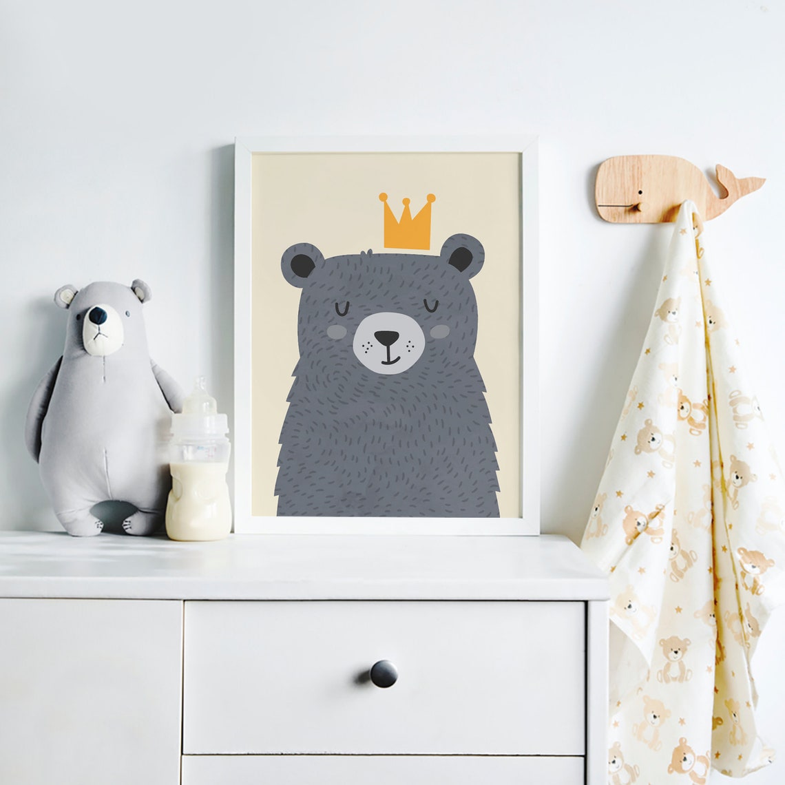 Cute Gray Bear With Golden Crown Cream Background Nursery Poster