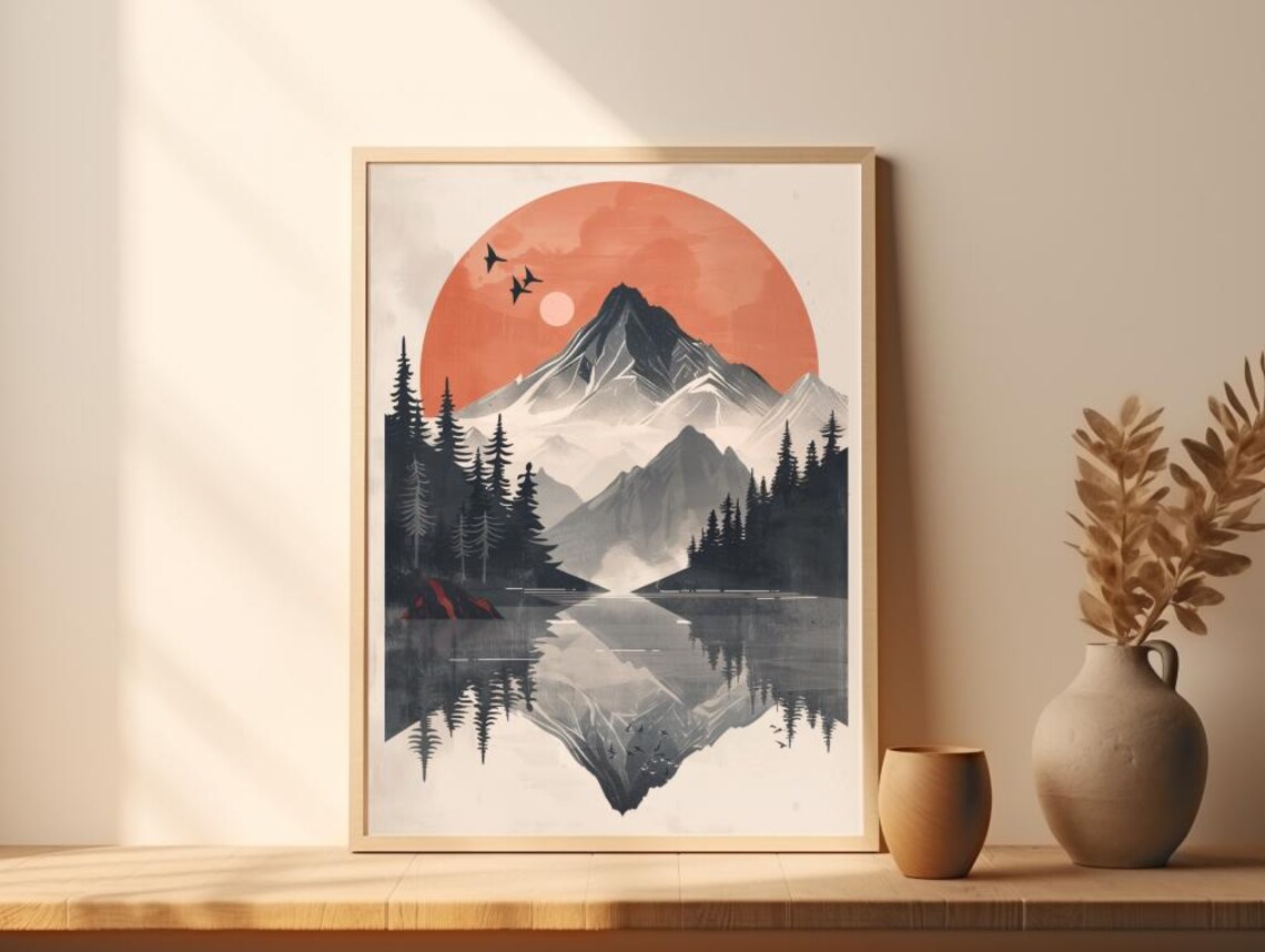 Mountain Reflection, Modern Rustic Landscape Poster - Image 3