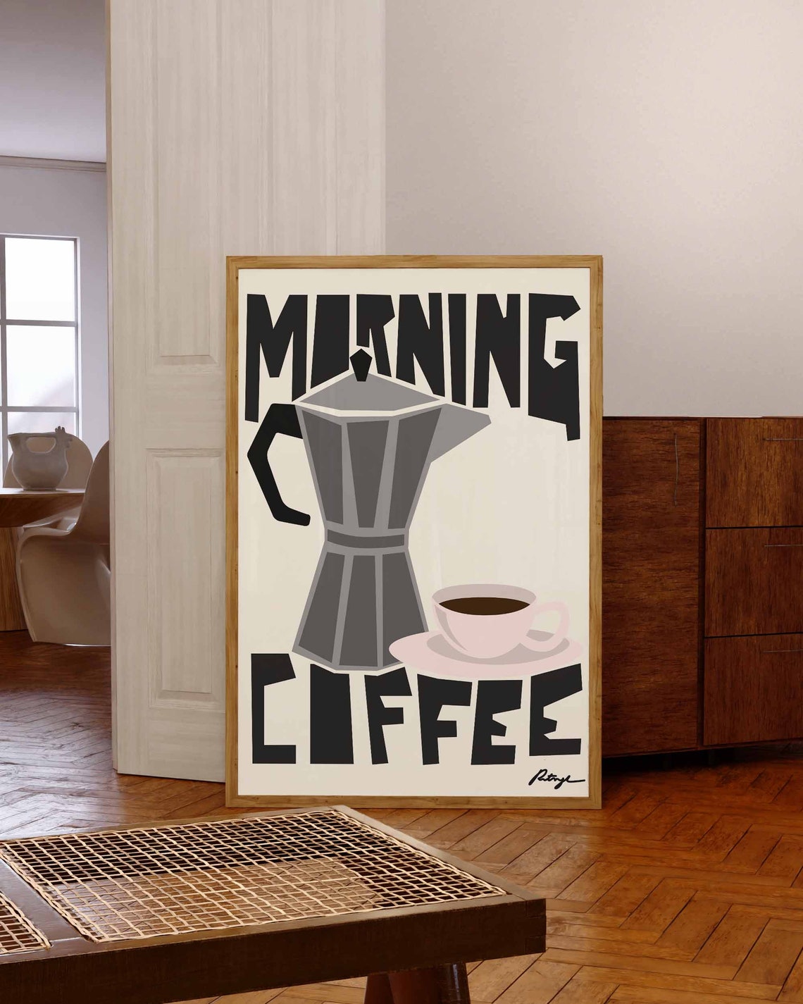 Morning Coffee Moka Pot Pink Cup Bold Retro Typography Art Poster