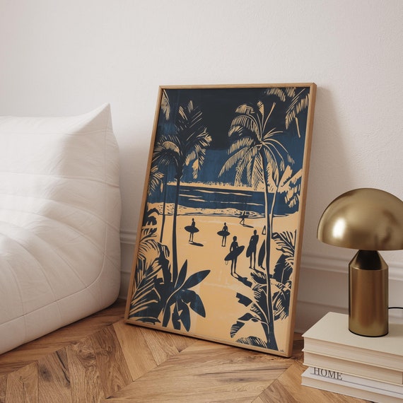Vintage Surfing Print, Tropical Palm Beach Coastal Art