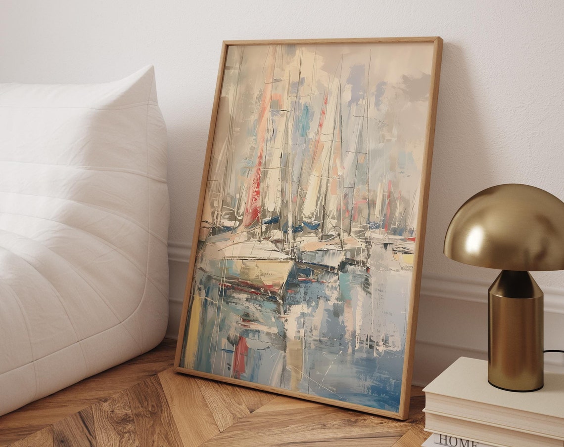 Sailboats Moored In Misty Gray Harbor Impressionist Art Poster