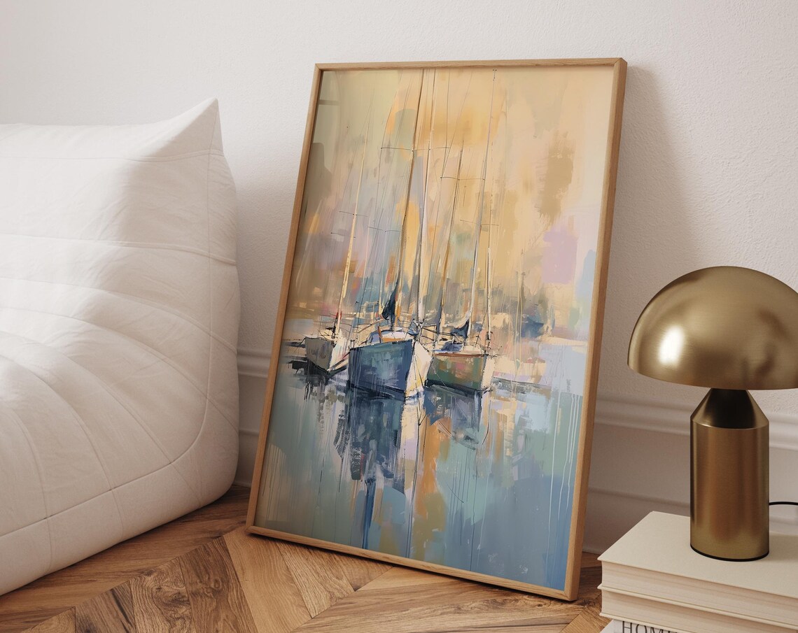 Sailboats Resting in a Golden Marina Abstract Nautical Art Poster
