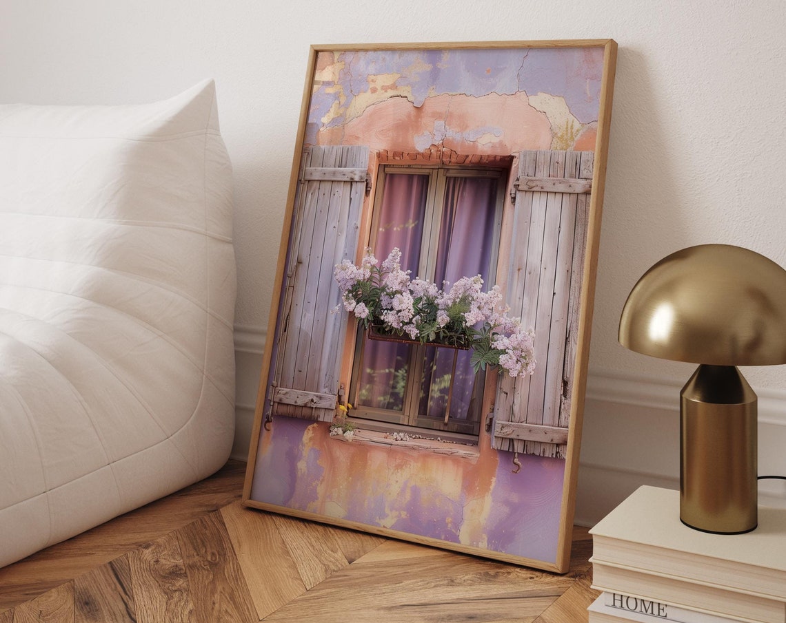 Sunlit Window With Lavender Shutters and White Flowers Art Poster