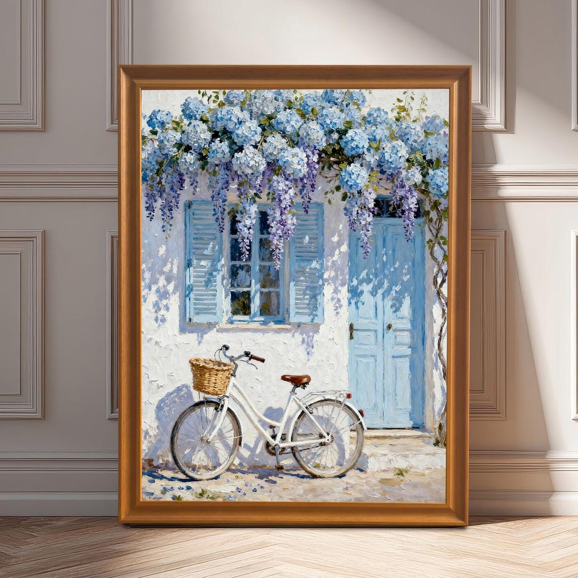 Mediterranean House With Blue Shutters Bicycle and Wisteria Poster