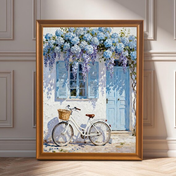 Mediterranean House With Blue Shutters Bicycle and Wisteria Poster