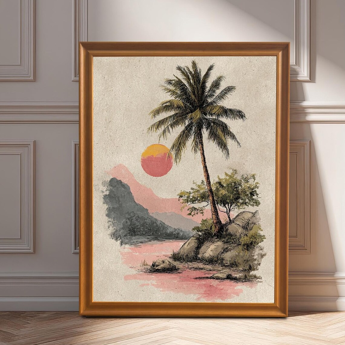 Vintage Palm Tree Art Print, Boho Sunset