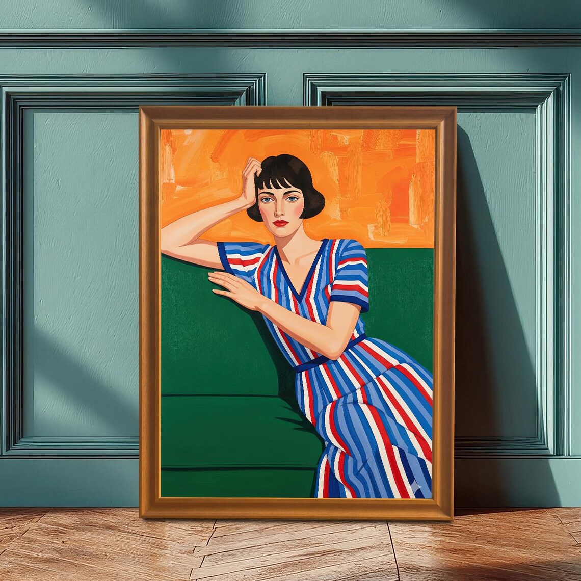 Retro Woman In Striped Dress On Green Sofa Vintage Art Poster