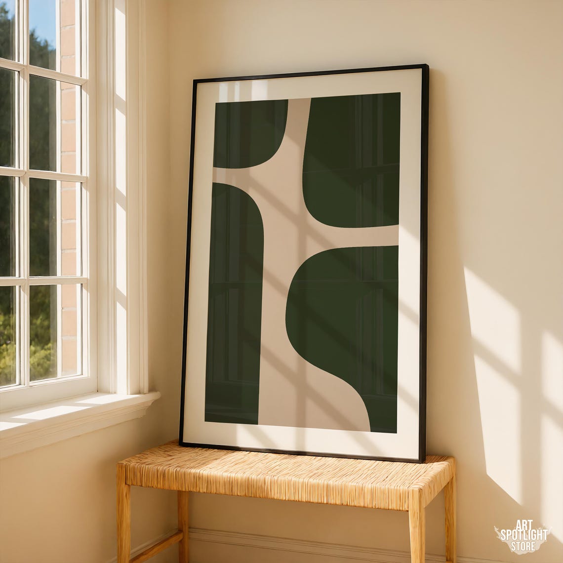 Abstract Forest Green Organic Shapes on Beige Minimalist Art Poster