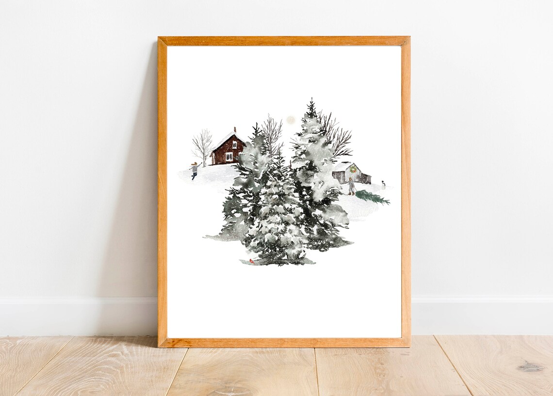 Country Christmas 5x7 8x10 11x14 16x20 18x24 Farmhouse Holiday Decor Watercolor Winter Print Christmas Snow Diy Decor - Image 2