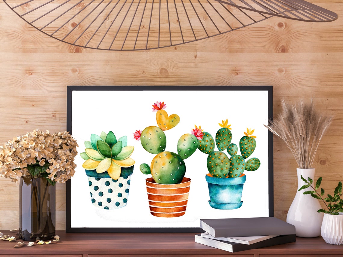 Three Potted Cacti Watercolor Patterned Pots Succulent Plant Poster - Image 4