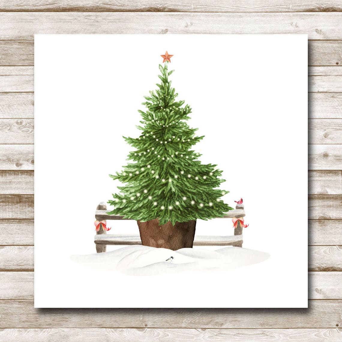 Potted Christmas Tree Snowy Fence Minimalist Holiday Watercolor Poster - Image 4