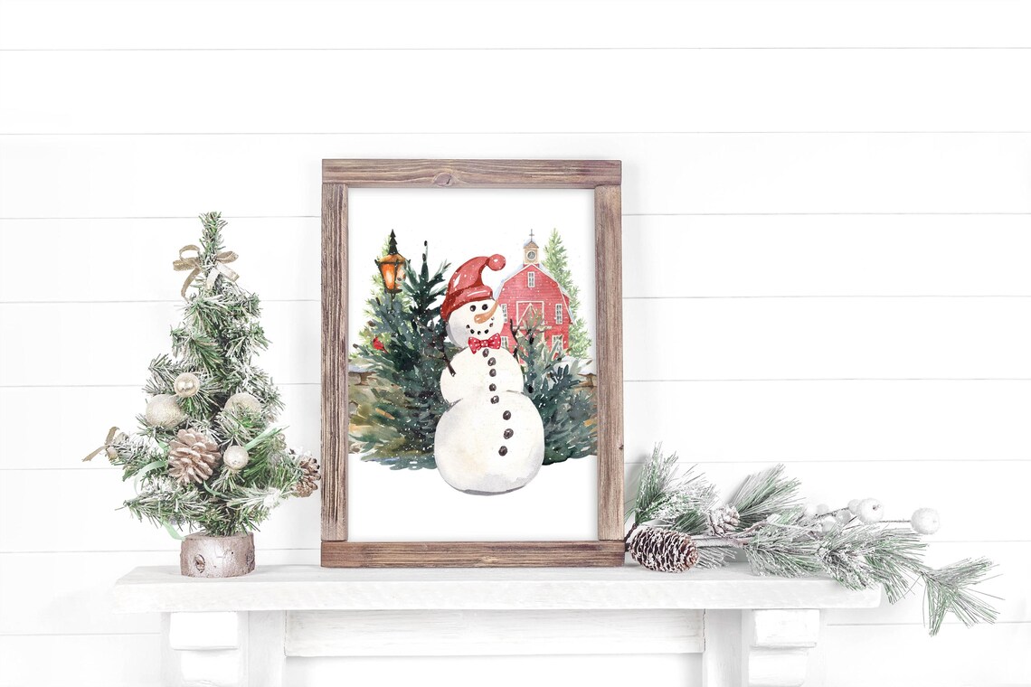 Snowman With Red Hat And Bow Tie Red Barn Winter Watercolor Poster - Image 8