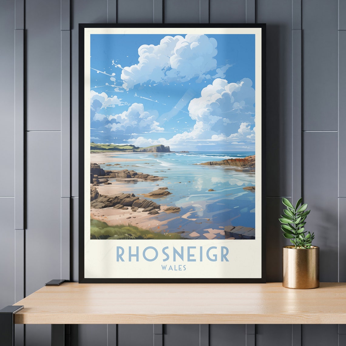 Rhosneigr Wales Sunny Rocky Beach Cloudscape Coastal Travel Poster - Image 4