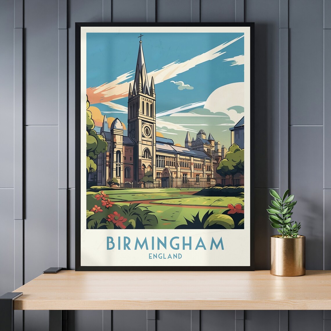 Birmingham England Historic Church Spire Garden Sunset Poster - Image 3