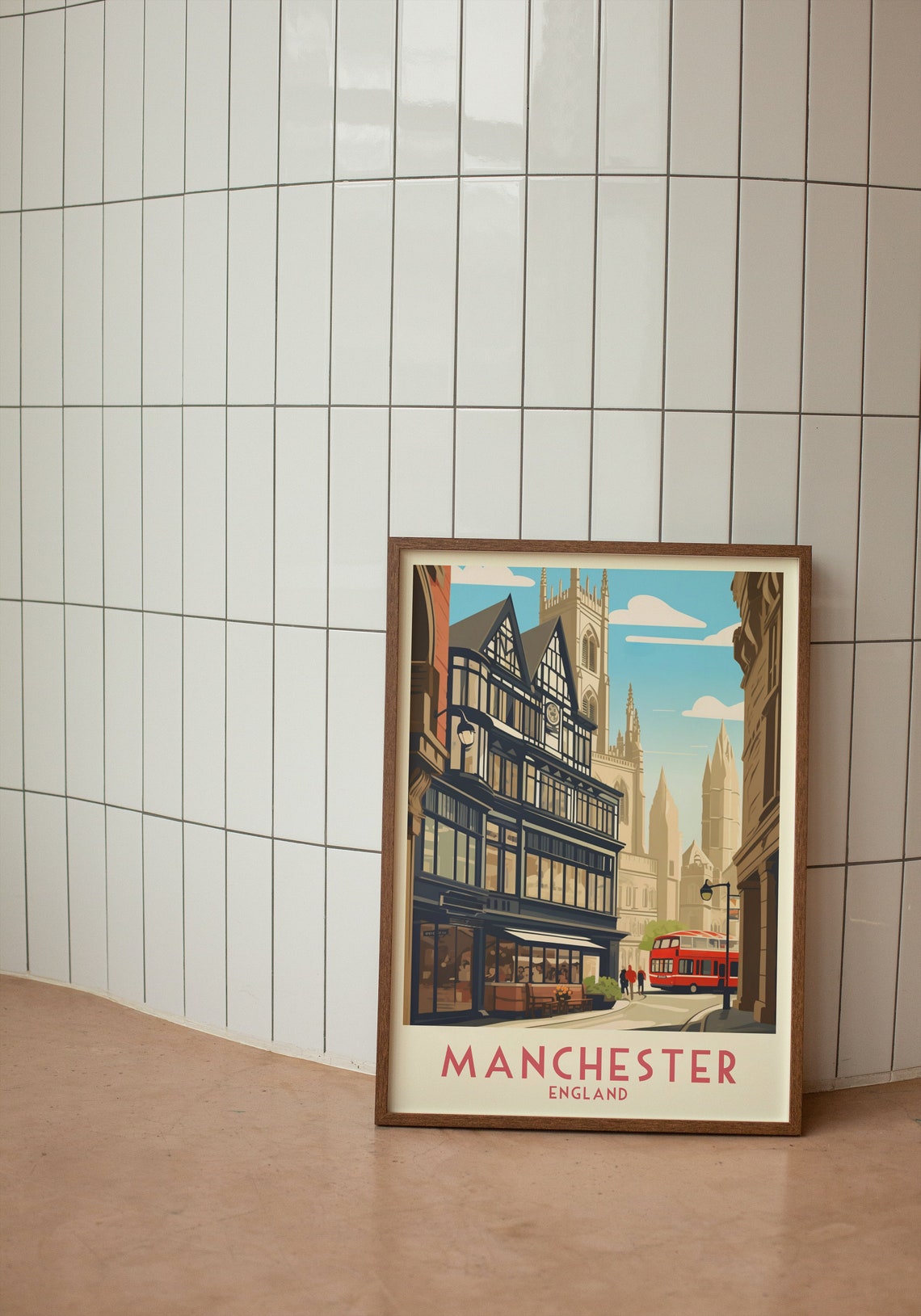 Manchester England Cathedral and Red Bus Retro Travel Poster - Image 3