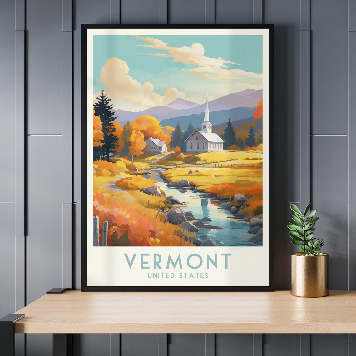 Vermont Autumn Church Riverside Fall Colors Valley Travel Poster - Image 3