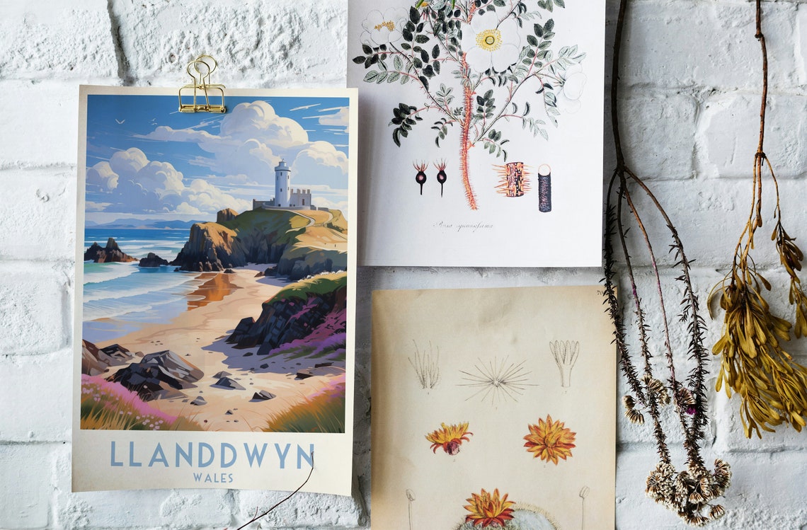 Llanddwyn Wales Lighthouse Rocky Headland Beach Travel Poster - Image 3