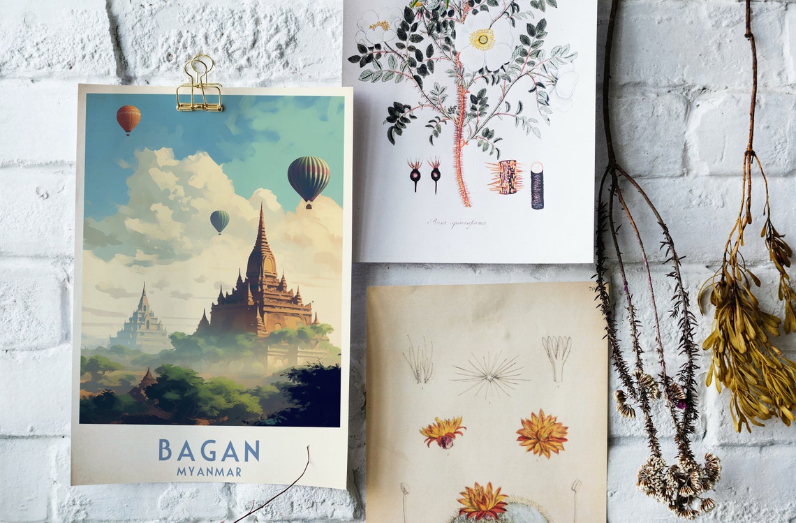 Bagan Myanmar Golden Ancient Temples With Hot Air Balloons Poster - Image 4