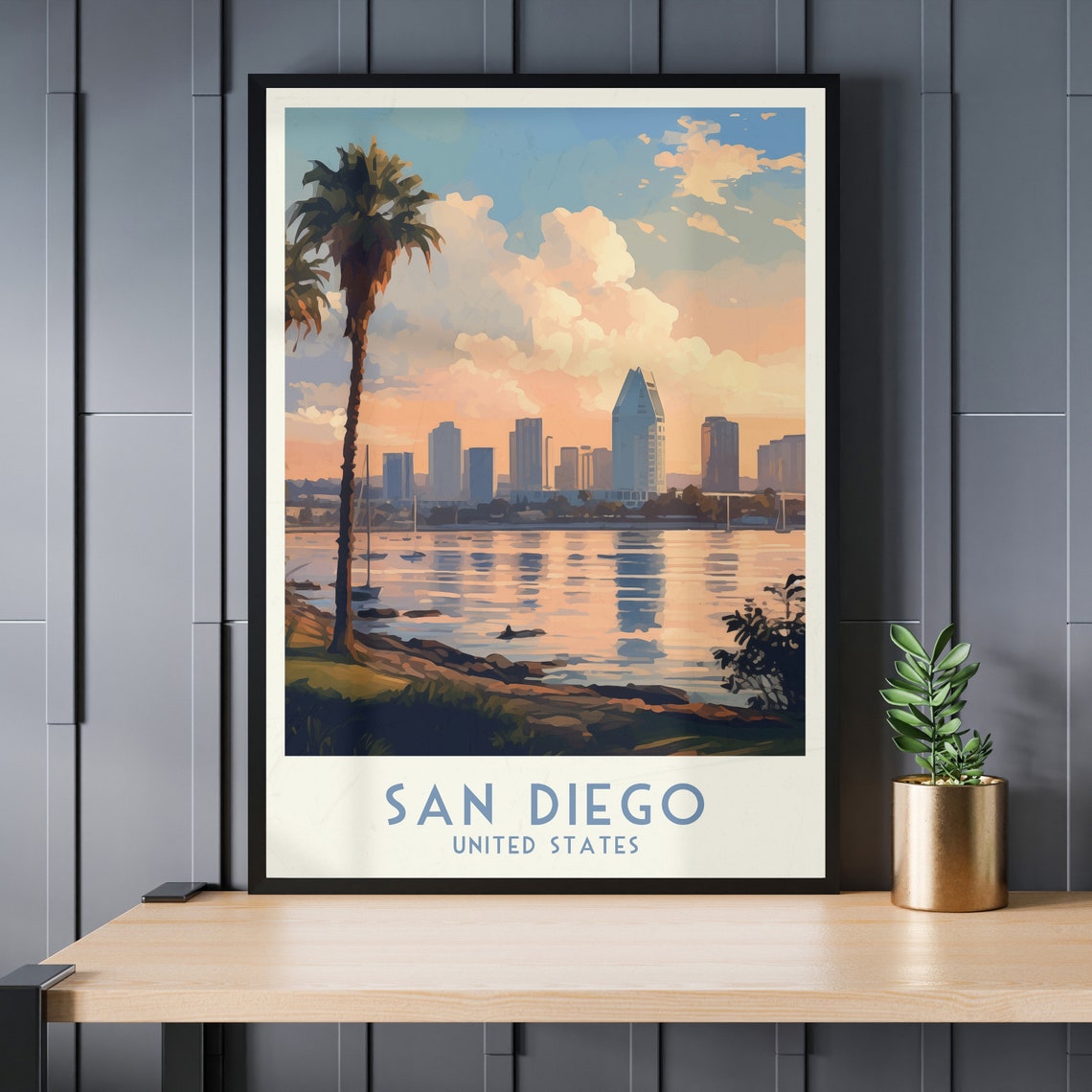 San Diego Poster with Skyline Sunset Reflections and Palm Tree - Image 3